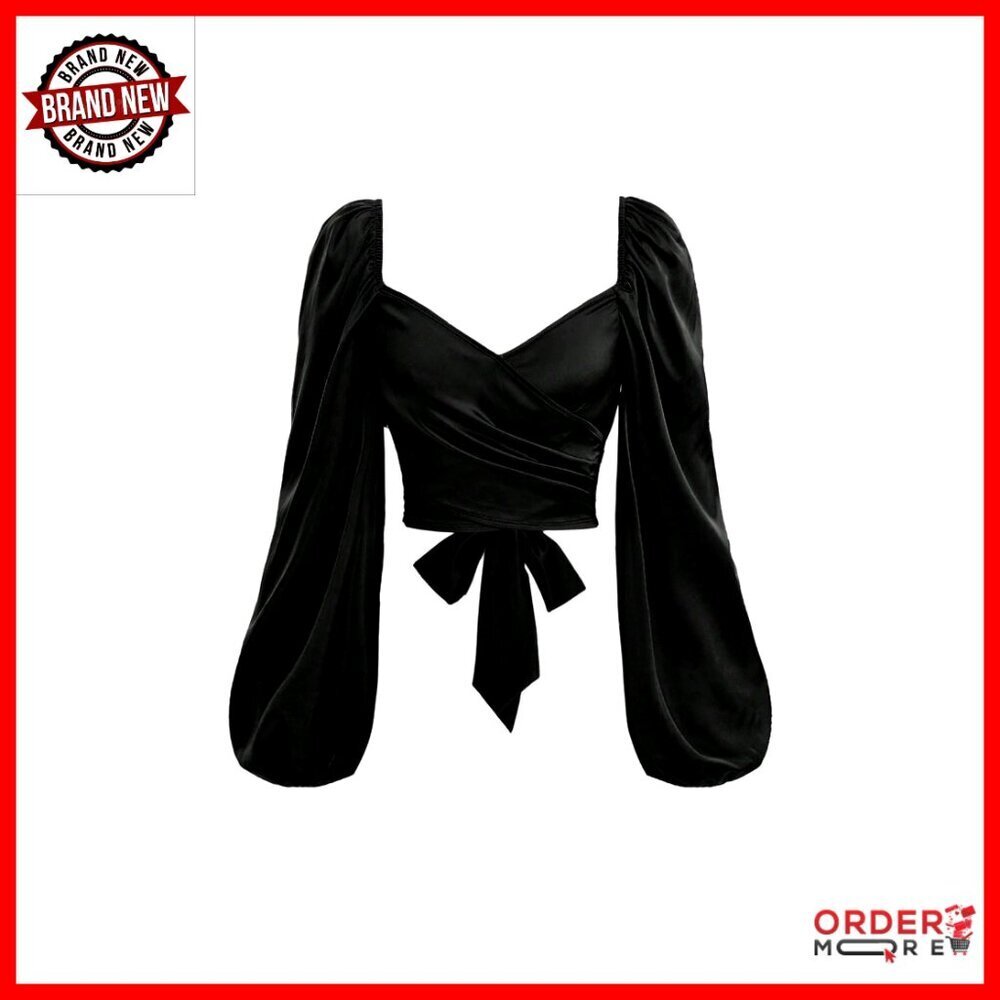 Long Sleeve Wrap Blouse Sweetheart Neck Ruched Bow Tie Crop Top